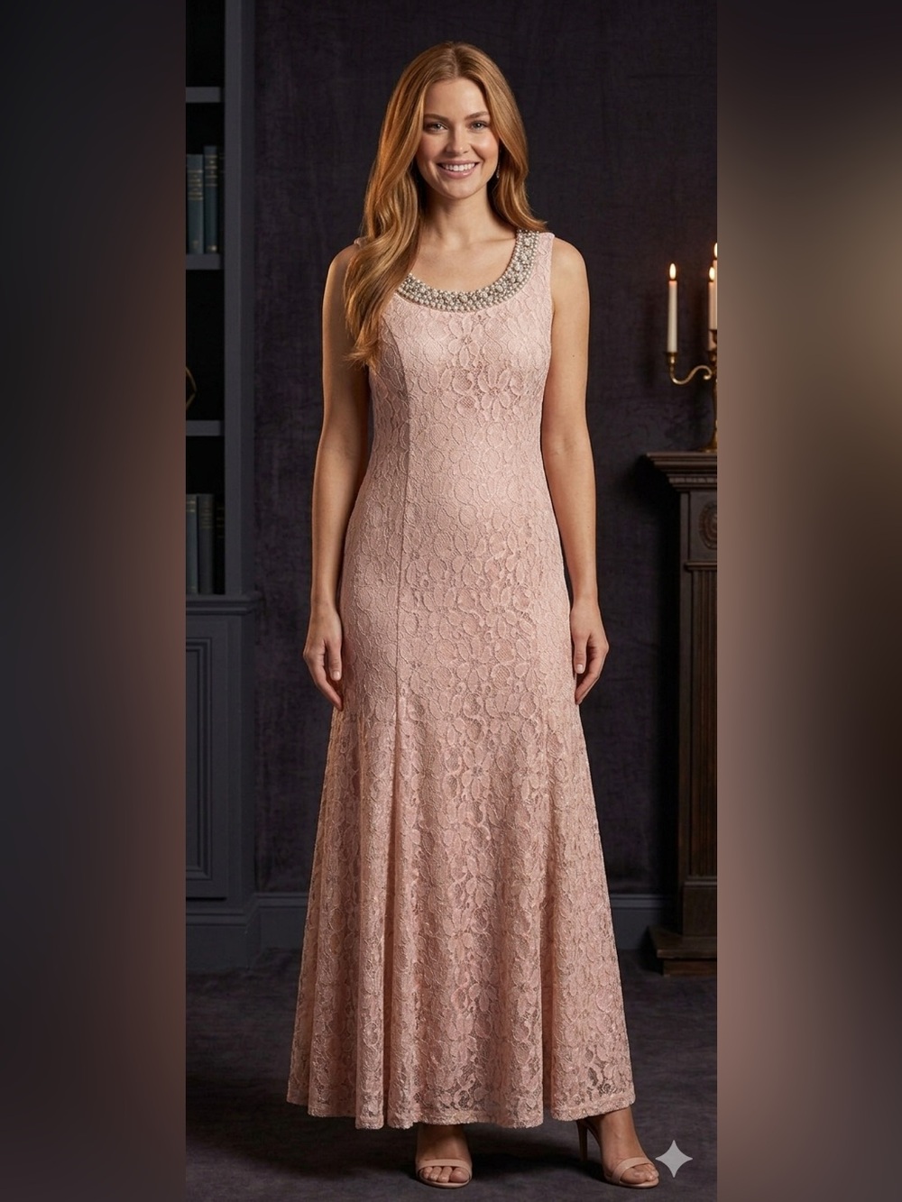 R & M Richard’s Sleeveless Blush Lace Evening Gown with Beaded Neck
Size 14